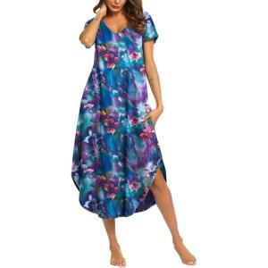 imageEkouaer Long Nightgowns for Women Short Sleeve House Dress with Pockets V Neck Sleepshirts Side Split Sleepwear S4XLDark Blue Tie Dye
