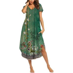 imageEkouaer Long Nightgowns for Women Short Sleeve House Dress with Pockets V Neck Sleepshirts Side Split Sleepwear S4XLGreen Floral