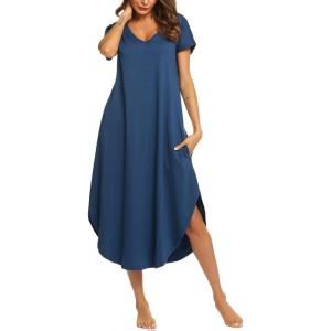 imageEkouaer Long Nightgowns for Women Short Sleeve House Dress with Pockets V Neck Sleepshirts Side Split Sleepwear S4XLNavy Blue