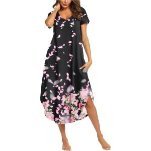 imageEkouaer Long Nightgowns for Women Short Sleeve House Dress with Pockets V Neck Sleepshirts Side Split Sleepwear S4XLPink Flower