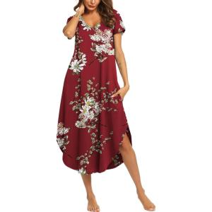 imageEkouaer Long Nightgowns for Women Short Sleeve House Dress with Pockets V Neck Sleepshirts Side Split Sleepwear S4XLWine Red Floral