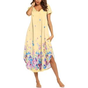 imageEkouaer Long Nightgowns for Women Short Sleeve House Dress with Pockets V Neck Sleepshirts Side Split Sleepwear S4XLYellow Floral