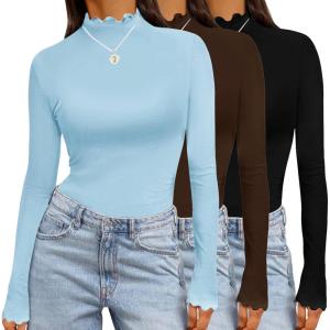imageEkouaer Long Sleeve Shirts for Women 3 Pack Mock Neck Thermal Tops Basic Undershirt Casual Basic TeeBlackBrownLight Blue