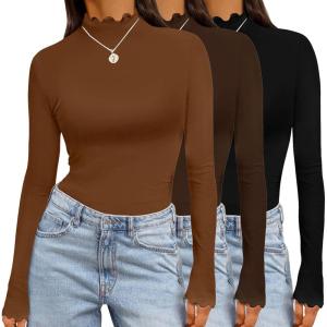imageEkouaer Long Sleeve Shirts for Women 3 Pack Mock Neck Thermal Tops Basic Undershirt Casual Basic TeeBlackBrownLight Brown