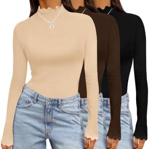 imageEkouaer Long Sleeve Shirts for Women 3 Pack Mock Neck Thermal Tops Basic Undershirt Casual Basic TeeBlackBrownYellow