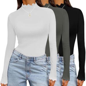 imageEkouaer Long Sleeve Shirts for Women 3 Pack Mock Neck Thermal Tops Basic Undershirt Casual Basic TeeBlackWhiteDark Grey
