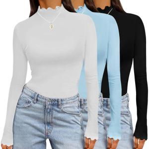 imageEkouaer Long Sleeve Shirts for Women 3 Pack Mock Neck Thermal Tops Basic Undershirt Casual Basic TeeBlackWhiteLight Blue