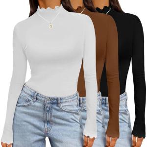 imageEkouaer Long Sleeve Shirts for Women 3 Pack Mock Neck Thermal Tops Basic Undershirt Casual Basic TeeBlackWhiteLight Brown