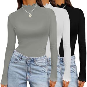 imageEkouaer Long Sleeve Shirts for Women 3 Pack Mock Neck Thermal Tops Basic Undershirt Casual Basic TeeBlackWhiteLight Grey