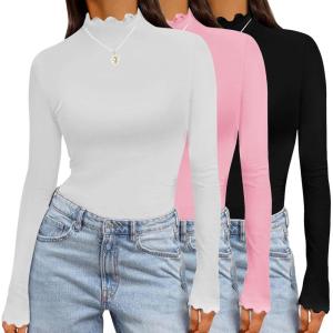imageEkouaer Long Sleeve Shirts for Women 3 Pack Mock Neck Thermal Tops Basic Undershirt Casual Basic TeeBlackWhitePink