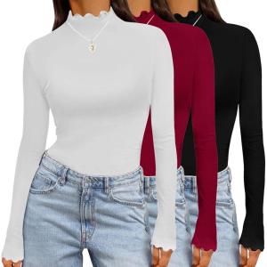 imageEkouaer Long Sleeve Shirts for Women 3 Pack Mock Neck Thermal Tops Basic Undershirt Casual Basic TeeBlackWhiteWine Red