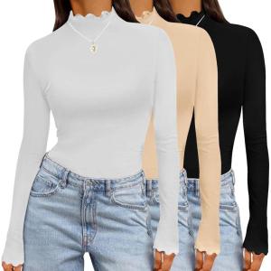 imageEkouaer Long Sleeve Shirts for Women 3 Pack Mock Neck Thermal Tops Basic Undershirt Casual Basic TeeBlackWhiteYellow
