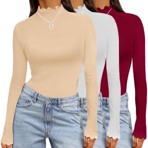 imageEkouaer Long Sleeve Shirts for Women 3 Pack Mock Neck Thermal Tops Basic Undershirt Casual Basic TeeWine RedWhiteYellow
