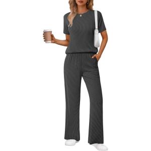 imageEkouaer Lounge Set for Women 2 Piece Sets Outfits Top and Long Pants Ribbed Textured Knit Matching Pajamas with PocketsDark Grey