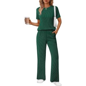 imageEkouaer Lounge Set for Women 2 Piece Sets Outfits Top and Long Pants Ribbed Textured Knit Matching Pajamas with PocketsForestgreen