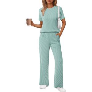 imageEkouaer Lounge Set for Women 2 Piece Sets Outfits Top and Long Pants Ribbed Textured Knit Matching Pajamas with PocketsGlacial Green