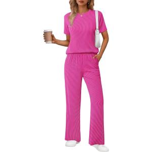 imageEkouaer Lounge Set for Women 2 Piece Sets Outfits Top and Long Pants Ribbed Textured Knit Matching Pajamas with PocketsHot Pink