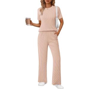 imageEkouaer Lounge Set for Women 2 Piece Sets Outfits Top and Long Pants Ribbed Textured Knit Matching Pajamas with PocketsLight Khaki