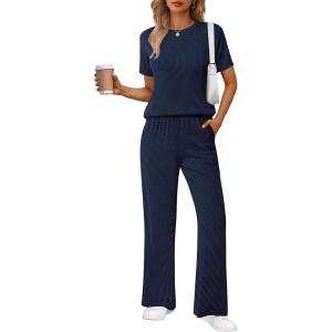 imageEkouaer Lounge Set for Women 2 Piece Sets Outfits Top and Long Pants Ribbed Textured Knit Matching Pajamas with PocketsNavy Blue