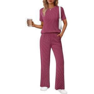 imageEkouaer Lounge Set for Women 2 Piece Sets Outfits Top and Long Pants Ribbed Textured Knit Matching Pajamas with PocketsRose Red
