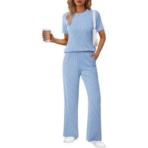 imageEkouaer Lounge Set for Women 2 Piece Sets Outfits Top and Long Pants Ribbed Textured Knit Matching Pajamas with PocketsSky Blue