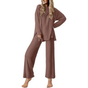 imageEkouaer Lounge Sets for Women Long Sleeve Pajamas Fall Loungewear Soft Comfy Pjs Two Piece Travel Outfits SetBrown