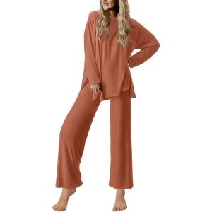 imageEkouaer Lounge Sets for Women Long Sleeve Pajamas Fall Loungewear Soft Comfy Pjs Two Piece Travel Outfits SetCamel