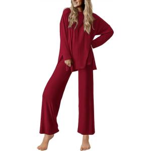 imageEkouaer Lounge Sets for Women Long Sleeve Pajamas Fall Loungewear Soft Comfy Pjs Two Piece Travel Outfits SetWine Red