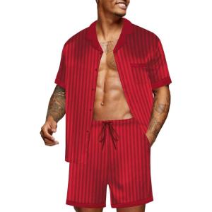 imageEkouaer Men Satin Silk Pajamas Set with Pockets Sleepwear Shorts Satin Summer Loungewear 2 Piece Button Down Set S3XLRed Striped