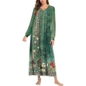 imageEkouaer Nightgown Long Sleeve for Women Sleepwear V Neck Loungewear Button Full Length NightshirtFloral Green