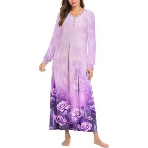 imageEkouaer Nightgown Long Sleeve for Women Sleepwear V Neck Loungewear Button Full Length NightshirtFloral Light Purple