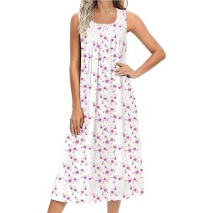 imageEkouaer Nightgowns for Women Cotton Long Night Gown Sleeveless Sleep Dress Victorian Nightdress Ladies Sleepwear SXXXLWhite Pink Line Florals
