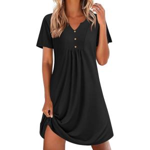 imageEkouaer Nightgowns for Women Cotton Night Gowns Pleated Nightshirts Henley V Neck Sleepshirts Short Sleeve SleepwearBlack