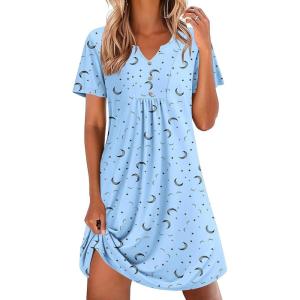 imageEkouaer Nightgowns for Women Cotton Night Gowns Pleated Nightshirts Henley V Neck Sleepshirts Short Sleeve SleepwearBlue Star  Moon