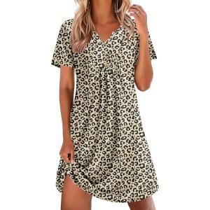 imageEkouaer Nightgowns for Women Cotton Night Gowns Pleated Nightshirts Henley V Neck Sleepshirts Short Sleeve SleepwearBrown Leopard