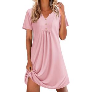 imageEkouaer Nightgowns for Women Cotton Night Gowns Pleated Nightshirts Henley V Neck Sleepshirts Short Sleeve SleepwearPink