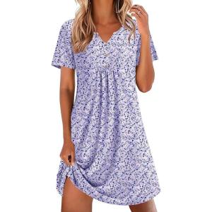 imageEkouaer Nightgowns for Women Cotton Night Gowns Pleated Nightshirts Henley V Neck Sleepshirts Short Sleeve SleepwearPurple  Blue Dots