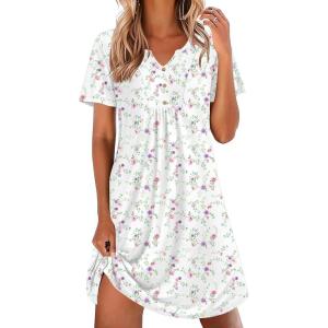 imageEkouaer Nightgowns for Women Cotton Night Gowns Pleated Nightshirts Henley V Neck Sleepshirts Short Sleeve SleepwearWhite Pink  Lilac Florals