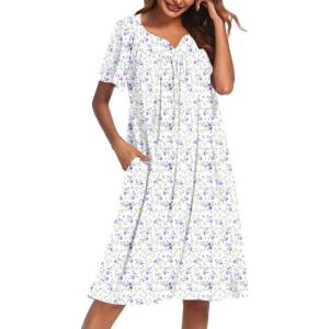 imageEkouaer Nightgowns for Women Cotton Nightgown House Dress with Pockets Short Sleeve Mumu Dress Embroidered Lounge DressPurple Floral