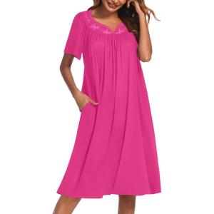 imageEkouaer Nightgowns for Women Cotton Nightgown House Dress with Pockets Short Sleeve Mumu Dress Embroidered Lounge DressRose Red