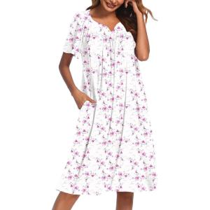 imageEkouaer Nightgowns for Women Cotton Nightgown House Dress with Pockets Short Sleeve Mumu Dress Embroidered Lounge DressWhite Floral