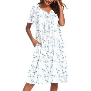 imageEkouaer Nightgowns for Women Cotton Nightgown House Dress with Pockets Short Sleeve Mumu Dress Embroidered Lounge DressWhite Water Painting
