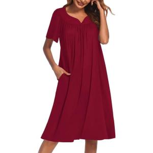 imageEkouaer Nightgowns for Women Cotton Nightgown House Dress with Pockets Short Sleeve Mumu Dress Embroidered Lounge DressWine Red