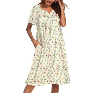 imageEkouaer Nightgowns for Women Cotton Nightgown House Dress with Pockets Short Sleeve Mumu Dress Embroidered Lounge DressYellow Floral