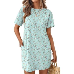 imageEkouaer Nightgowns for Women Cotton Sleep Shirts Tshirt Nightshirt Casual Sleepdress Pullover Dress with Pockets S3XLLight Green Flowers