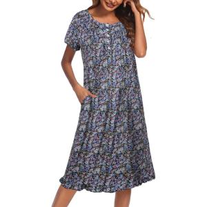 imageEkouaer Nightgowns for Women with Pockets Button Front Short Sleeve House Dresses Floral Print Mumu DressBlack Flower