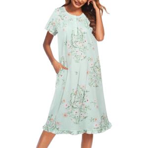 imageEkouaer Nightgowns for Women with Pockets Button Front Short Sleeve House Dresses Floral Print Mumu DressLight Green Daisy