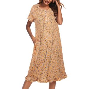 imageEkouaer Nightgowns for Women with Pockets Button Front Short Sleeve House Dresses Floral Print Mumu DressOrange Flower