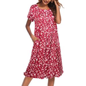 imageEkouaer Nightgowns for Women with Pockets Button Front Short Sleeve House Dresses Floral Print Mumu DressRed Flower