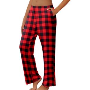 imageEkouaer Pajama Pants Women Soft Casual Lounge Pajama Bottoms Comfy Stretch Sleep Pants Wide Leg Pj Bottoms with PocketsBlack Red Plaid